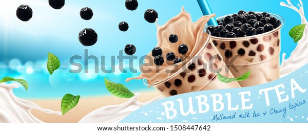 Bubble tea banner ads with\
flying tapioca and milk on glittering ocean background in 3d\
illustration