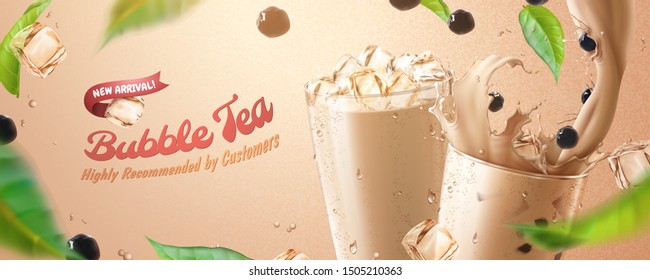 Bubble tea banner ads with splashing milk tea, tapioca and green leaves in 3d illustration