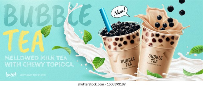 Bubble Tea Banner Ads With Splashing Milk And Green Leaves, 3d Illustration