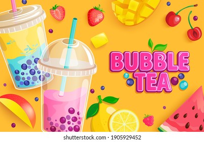 Bubble tea banner. Bubbletea with fruits and berries.Milkshake smoothie with mango, blueberries, tapioca, cherry and watermelon, place for text and brand.Great for flyers, posters, cards. Vector.