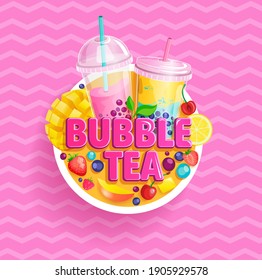 Bubble tea banner. Bubbletea with fruits and berries on sweet vintage background.Milkshake smoothie with mango, blueberries, tapioca, place for text and brand.Great for flyers, posters, cards. Vector.