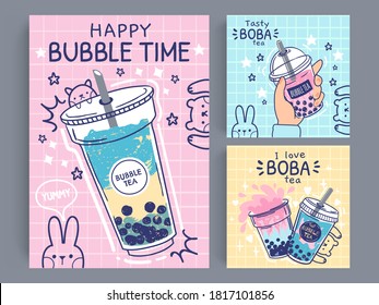 Bubble tea banner. Famous drink asian bubble tea, taiwanese green or fruit tea with balls in plastic cups, pearl milk tea flyer, promo vector poster. Tasty boba drink in take away mug