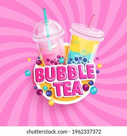 Bubble tea banner on sweet sunburst background. Bubbletea with fruits and berries Milkshake smoothie in plastic cups with place for text and brand.Great for flyers, posters, cards.Vector illustration.