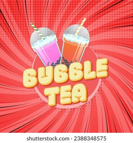 Bubble tea banner on sweet sunburst background. Great for flyers, posters, cards.Vector illustration.