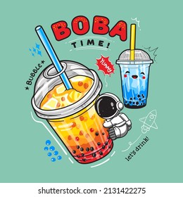 Bubble tea banner poster. Bubble tea with fruits and berries Milkshake smoothie and cartoon astronaut hugging the plastic cups. Great for flyers, posters, cards. Vector illustration