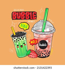 Bubble tea banner poster. Bubble tea with fruits and berries Milkshake smoothie in plastic cups. Great for flyers, posters, cards. Vector illustration