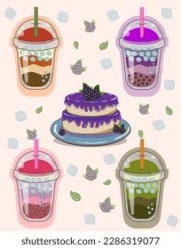 Bubble Tea Blackberry Kuchen süße grafische Zeichnungen