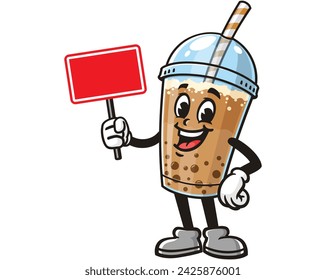 Bubble tea with blank sign board cartoon mascot illustration character vector clip art hand drawn