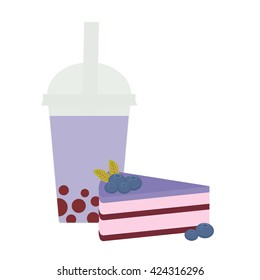 Bubble Tea with blueberry berries. Milk Cocktails in plastic cup, tubule. Sweet cake decorated with fresh blueberry, pink chocolate cream and icing, pastel colors on white background. Vector