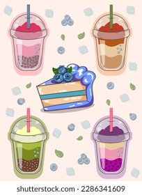 Bubble Tea Blueberry Cake süße grafische Zeichnungen