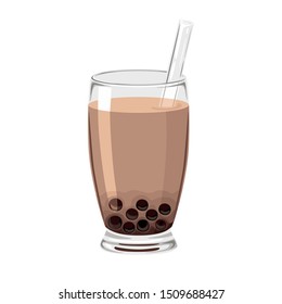 Bubble Tea or Boba Tea in glass with straw isolated on white background. Brown Sugar Tapioca Pearl Milk.  Vector illustration of a drink in cartoon simple flat style.