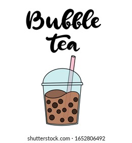 Bubble tea. Boba milk refreshing mixed beverage with pink straw. Vector illustration with hand lettering for catering advertisement, menu template, poster in coffee shop.