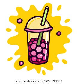 Bubble Tea  Boba Tea in Plastic Cup  Vector Illustration  Doodle Cartoon  style mascot  Splash yellow background for banners  stickers  postcards  logo
