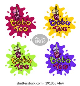 Bubble Tea Boba Tea Plastic Cup Vector Illustration Set  Doodle Cartoon style mascot  Bright Splash Color background for banners  stickers  postcards  logo