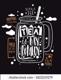 Bubble tea. Boba summer sweet drink with delicious flavor. Milk iced dessert with tapioca balls, whipping cream and coffee, printing graphic poster cartoon white glass on black promo vector flyer