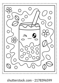 Bubble tea. Boba. Sweets. Coloring book. Black and white illustration.