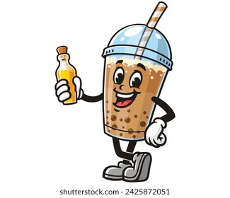 Bubble tea with a bottle of flavoring cartoon mascot illustration character vector clip art hand drawn