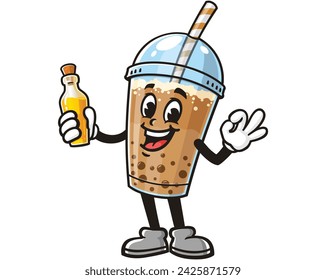 Bubble tea with a bottle of flavoring and okay hand pose cartoon mascot illustration character vector clip art hand drawn