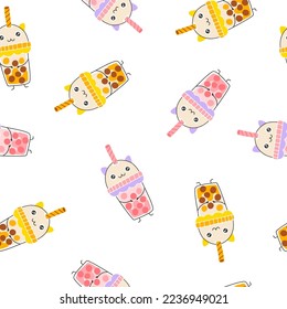 Bubble tea box seamless pattern cute smile. Hand drawn nursery cartoon doodle kawaii drink milk shake character. Childish vector illustration in a simple naive style. Perfect for printing