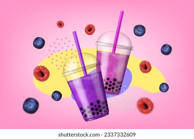 Té de burbujas. Afiche luminoso con bayas y té de burbujas en un fondo rosado. Bebé asiático con bolas de gelatina de tapioca. Té de fruta con perlas de tapioca. Tea Bob. Ilustración vectorial realista. 
