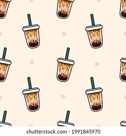 Bubble tea brown sugar seamless pattern