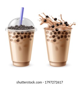 Bubble tea. Bubbles milk drinks with black tapioca, delicious milkshake, sweet liquid dessert with balls, popular asian pearls tea, realistic plastic open with splash and closed glass to go vector set