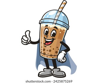 Bubble tea with caped superhero style cartoon mascot illustration character vector clip art hand drawn