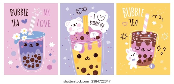 Bubble tea cards. Plastic cups with tapioca pearls drink. Boba milk beverages. Different fruit tastes. Summer drink. Refreshing cocktails glasses. Cartoon menu banners