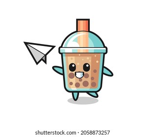 bubble tea cartoon character throwing paper airplane , cute style design for t shirt, sticker, logo element