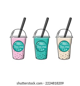 Bubble tea in cartoon design with kind of taste for advertising template design