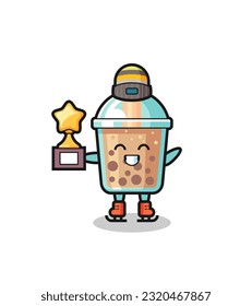 bubble tea cartoon as an ice skating player hold winner trophy , cute style design for t shirt, sticker, logo element