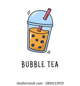 Bubble tea cartoon illustration in cute hand drawn style isolated on white background 