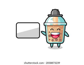 bubble tea cartoon illustration doing a presentation , cute style design for t shirt, sticker, logo element