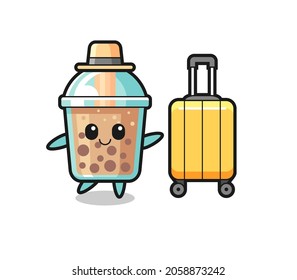 bubble tea cartoon illustration with luggage on vacation , cute style design for t shirt, sticker, logo element