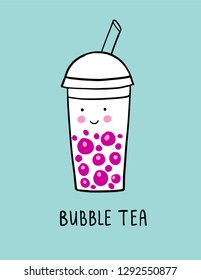 Bubble tea cartoon vector illustration in doodle style. Smiling kawaii cup on blue background