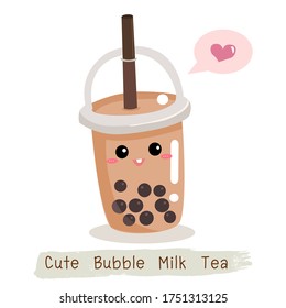 Bubble tea cartoon vector illustration in doodle style. Smiling cute cup on white background. Kawaii charactor.