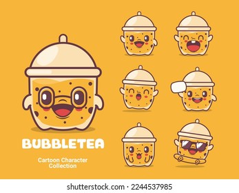 Bubble tea cartoon. vector illustration with different expressions