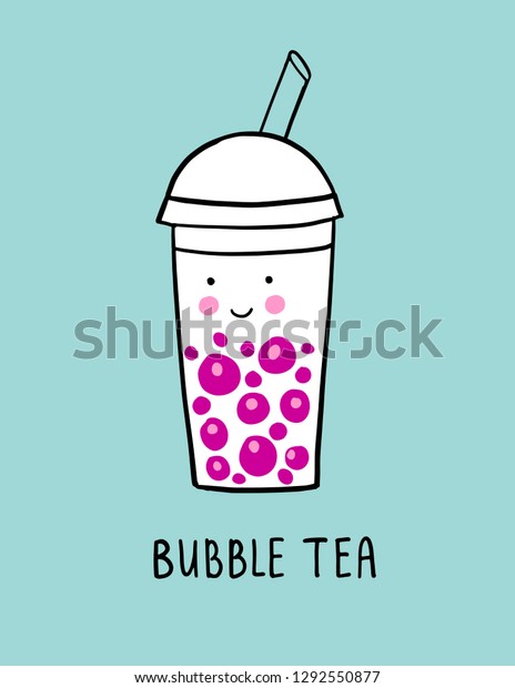 Bubble tea cartoon vector illustration in doodle style. Smiling kawaii