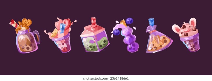Bubble tea cartoon vector set - cute cold boba drink in glass and plastic cups with chocolate pearl, fruits and decoration. Various fresh dessert delicious beverage with straw for menu design.