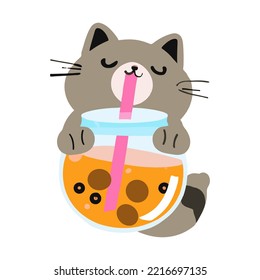 Bubble Tea Cat Set. Bubble tea, gourmet drinks, coffee and soft drinks. Vector illustration.