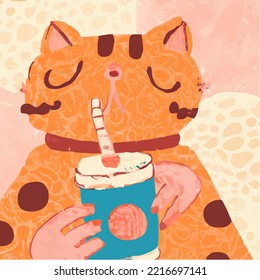 Bubble Tea Cat Set. Bubble tea, gourmet drinks, coffee and soft drinks. Vector illustration.