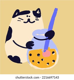 Bubble Tea Cat Set. Bubble tea, gourmet drinks, coffee and soft drinks. Vector illustration.