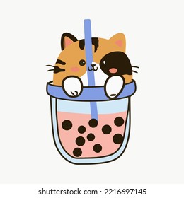 Bubble Tea Cat Set. Bubble tea, gourmet drinks, coffee and soft drinks. Vector illustration.