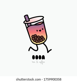 Bubble tea character with delicious tapioca and jelly. Boba tea running illustration design. Ads and logo template.