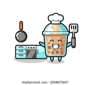 bubble tea character illustration as a chef is cooking , cute style design for t shirt, sticker, logo element