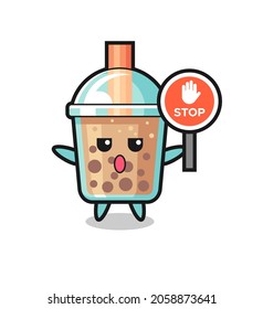 Bubble Tea Character Illustration Holding A Stop Sign , Cute Style Design For T Shirt, Sticker, Logo Element