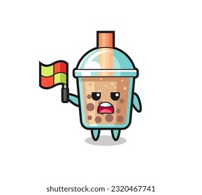 bubble tea character as line judge putting the flag up , cute style design for t shirt, sticker, logo element