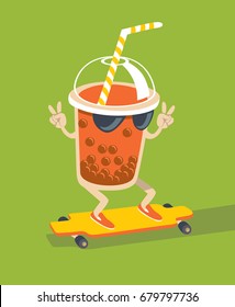 Bubble Tea character skating on longboard flat style vector