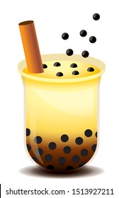 Bubble tea with chewy tapioca balls pouring into plastic cup. Fresh topping pearls for brown sugar bubble tea - vector illustration