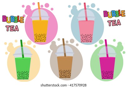 Bubble Tea or Cocktail set in different colors, vector illustration